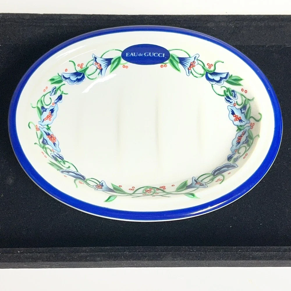 Vintage Eau de Gucci‎ Floral Porcelain Soap Dish Blue Collectible Bath Luxe